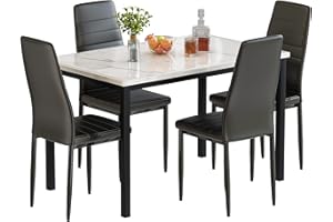 AWQM 5 Pieces Dining Table Set, Kitchen Table Set with Faux Marble Top Table and 4 Faux Leather Upholstered Chairs for Kitchen, Breakfast Nook, Dining Room, White+Black