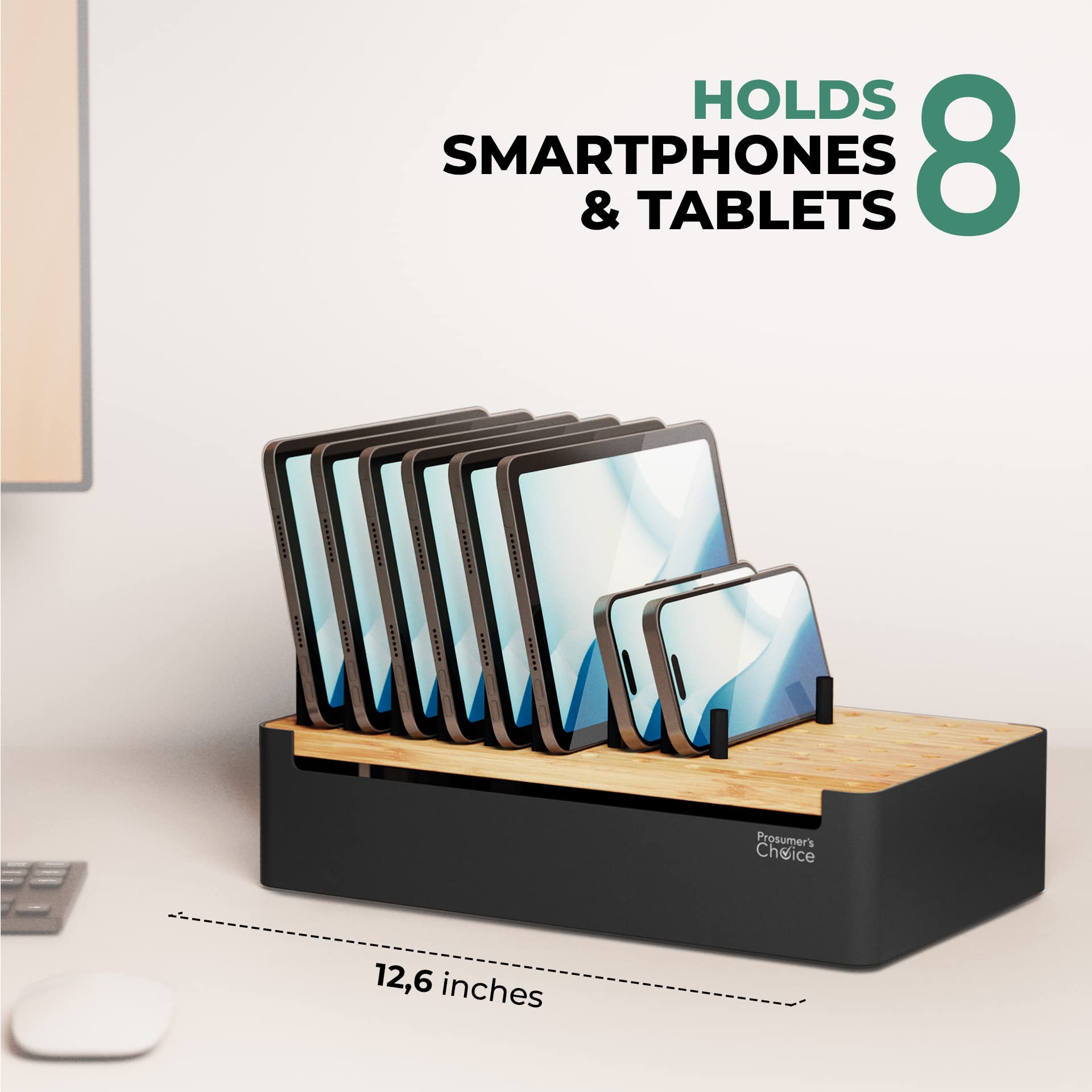 Prosumer's Choice Black Wooden Charging Station Organizer for Multiple Devices - Cable Management Box with 5 Slots and Removable Dividers - Charger Organizer for Phone, Tablet, Home, Office, 12