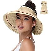 Sun Hats Visor for Women, UV UPF Straw Beach Hat Foldable Wide Brim Ponytail Summer Hats Packable Travel