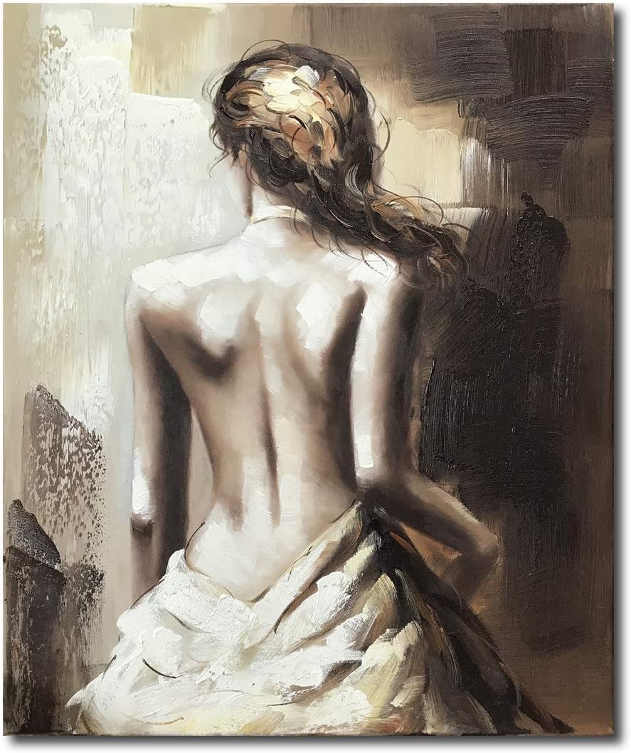 Paintings - Paimuni Bathroom Girl Canvas Wall Art 100% Hand Painted Lady Back Figurative Oil Painting Stretched and Framed Ready to Hang Home Decor 20x24 Inch