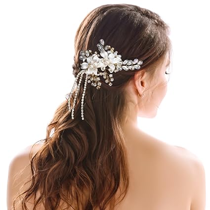 Handcess Wedding Hair Side Comb Gold Flower Rhinestones 1920s Hair