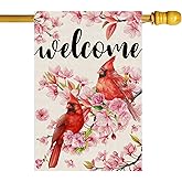 ZAEW Welcome Watercolor Cardinals Birds Cherry Blossom Flowers Spring House Flag Burlap 28X40 Inch Vertical Double Sided Outside Yard Holiday Outdoor Farmhouse Decoration