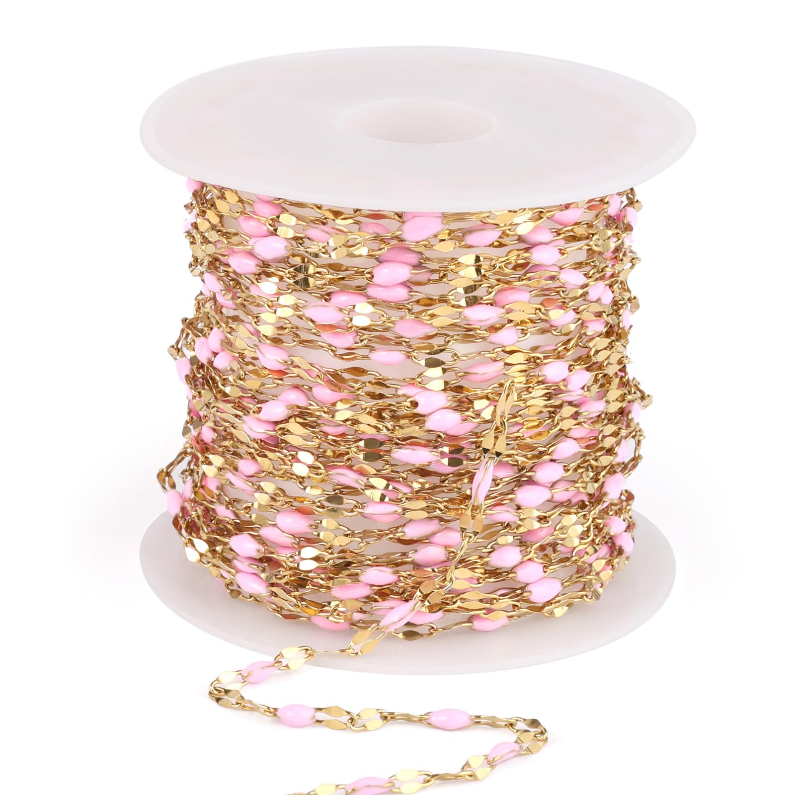 Photo 1 of 16.5FT Gold Pink Enamel Dapped Chain Roll, 2MM 18K Gold PVD Plated Stainless Steel Enalem Lip Link Chains Spool Bulk for DIY Jewelry Making