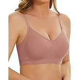 WOWENY Wireless Push Up Bras for Women Comfortable Ribbed Seamless Bralettes V-Neck Adjustable Padded Everyday Bra
