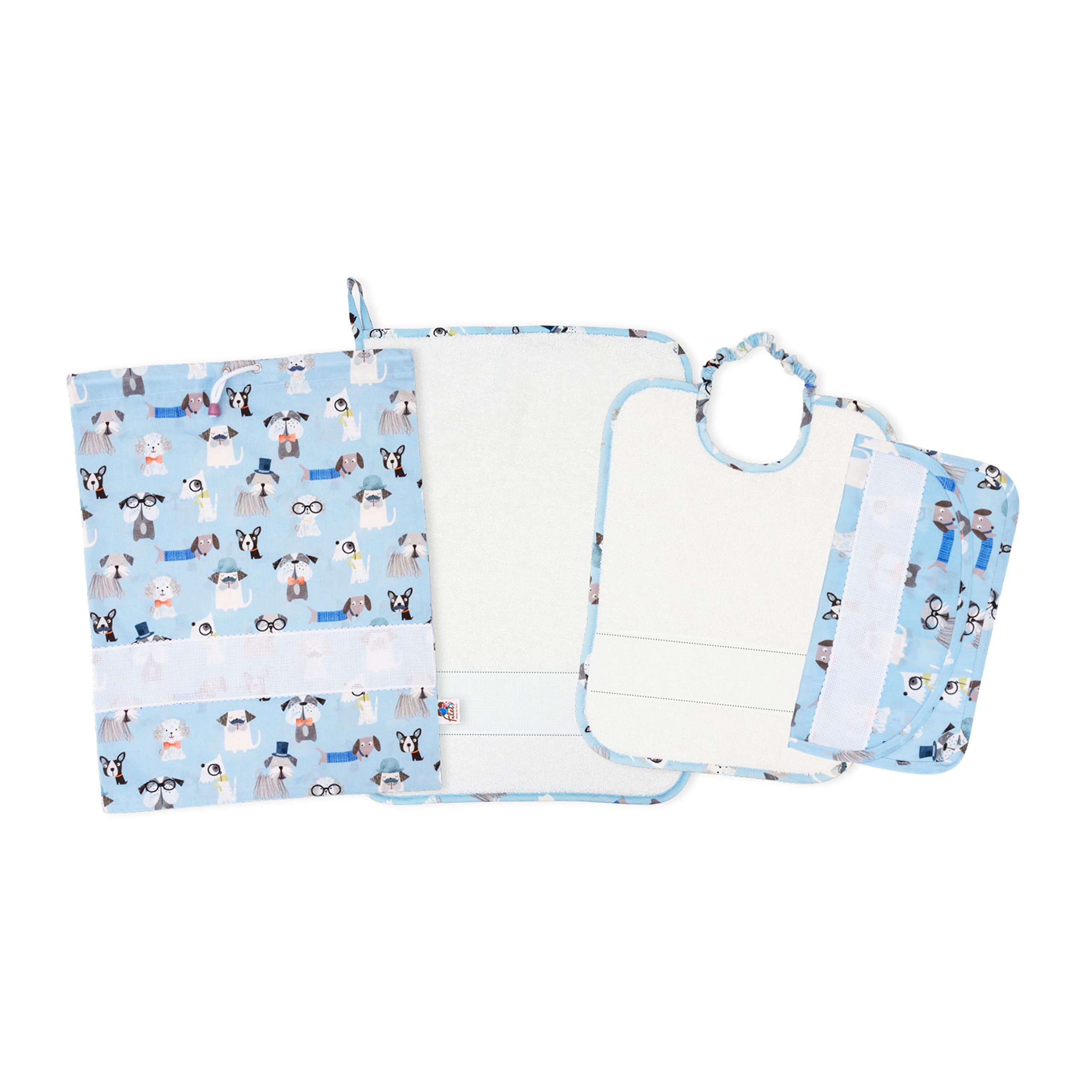 FILET - Four-piece Embroiderable Nursery Set, Consisting of Bib with Elastic, Towel, Changing Bag and Napkin/Bag Bag, Made in Italy, Doggie Pattern Light Blue Background