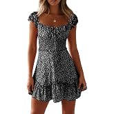 Valphsio Womens Summer Boho Floral Smocked Ruffle Tie Front Mini Sun Dress | Sundresses, Smocked Waist, A line, Scoop Neck, Cap Sleeve, Flowy Ruffle Hem, Beach,Country Concert