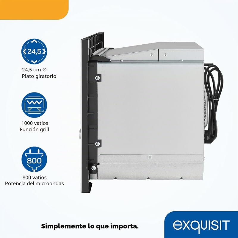 Microondas de Encastre, 20L, 800W, Grill 1000W, Acabado Acero Inoxidable, Temporizador Digital, Luz Interior, Plato 24,5Cm, Medidas 35,5x46,5x34 Cm.