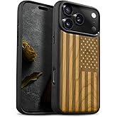 Carveit Magnetic Wooden Case for iPhone 17 Pro Max Case, Wood Artisan Engraved & Black Soft TPU Shockproof Cover, Compatible with MagSafe Wireless Chargers (The Classic American Flag) Cherry
