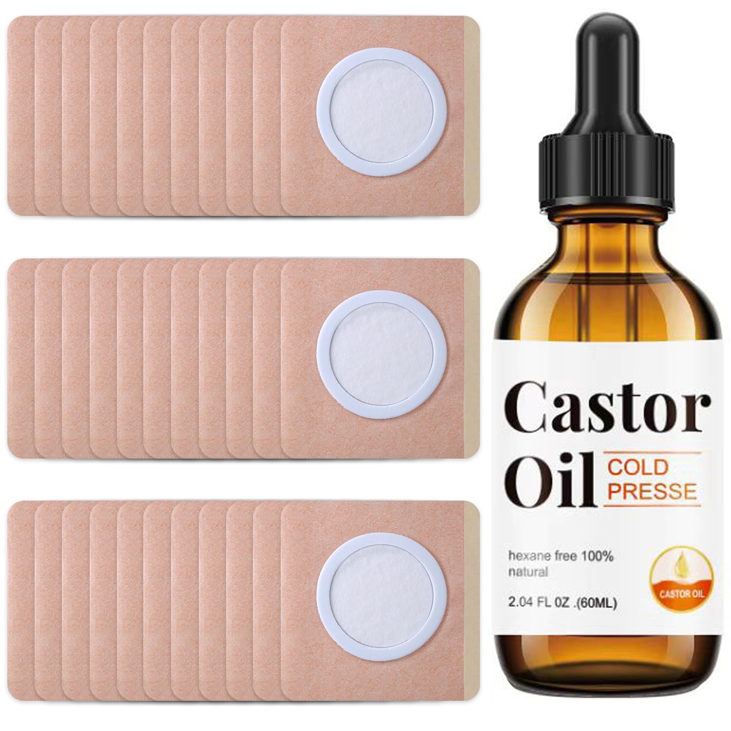 Photo 1 of 30Pcs Disposable Castor Oil Belly Button Patch with Organic Cold Pressed Glass Bottle 2.04oz | Self-Adhesive Castor Oil Patches for Neck/Shoulders/Knees | No Wash | Organic Cotton | Anti-Seepage