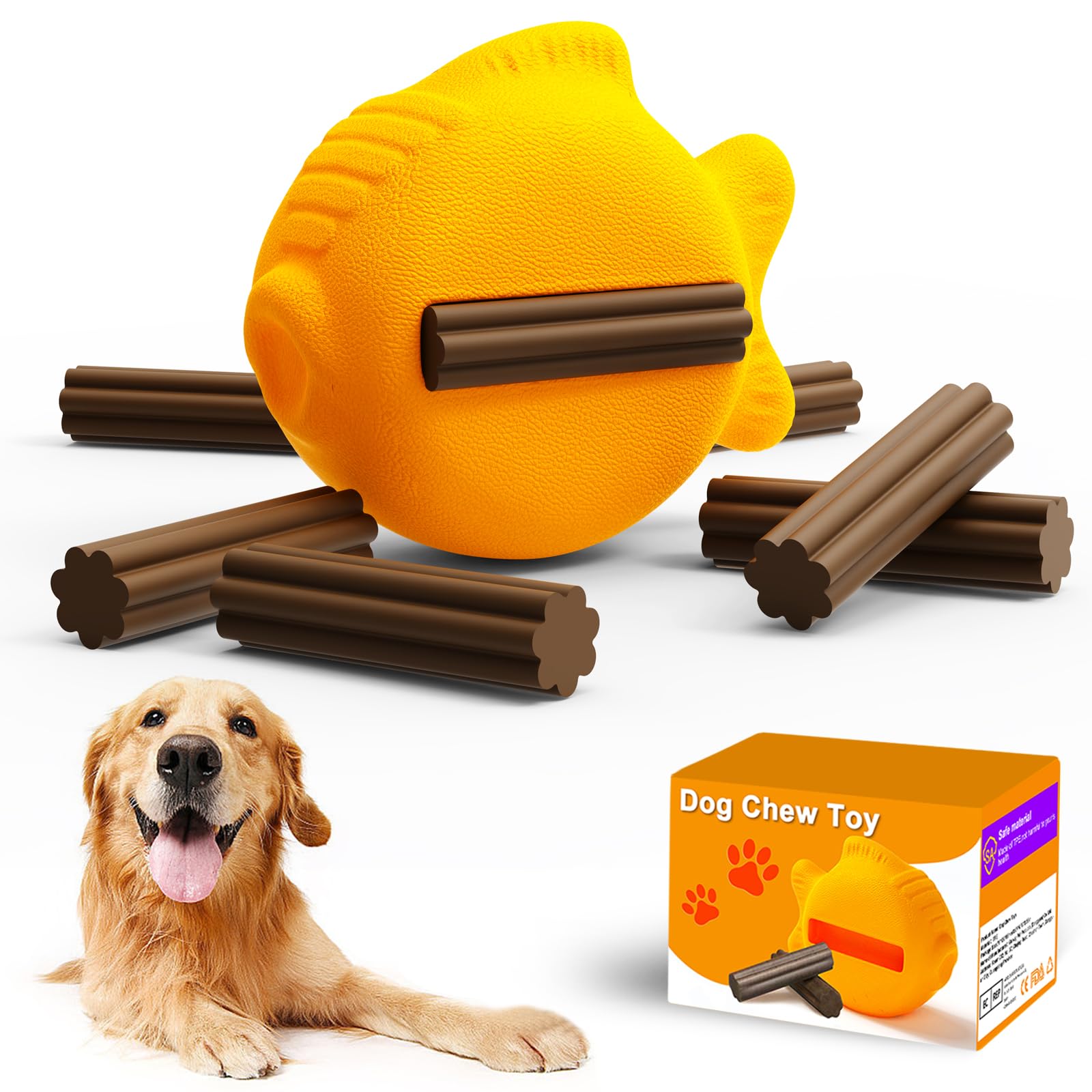 GNKatze Dog Chew Toys: Goldfish-Shaped, Tough Natural Rubber Toys for Small & Medium Dogs - Stuffable Snack Toy with 8 Chew Sticks