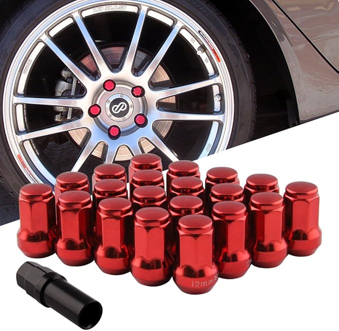 Amazon Ruien スチール製 ホイールロックナット M12 X P1 5 個セット トヨタ ホンダ マツダ ダイハツ 三菱の普通車と軽自動車に対応 長さ33mm 外七角 テーパー60 4穴 5穴用 19hex 21hexソケット付 ショートナット ラグナット レーシングナット 軽量 盗難防止 レッド
