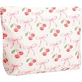 Ksriylm Cute Cherry Makeup Pouch for Women Small Make Up Bag for Purse Zipper Initial Makeup Cosmetic Bags Pouches for Purse Aesthetic Travel Toiletry Bags, Pink Cherries Bows