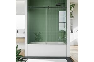 GAOMON Frameless Bathtub Shower Doors, 56–60 inch W x 59 inch H Sliding Tub Door, 8mm Tempered Glass, Stainless Steel Round Rail & 55 Rollers, One Fixed and One Sliding Panel, Matte Black
