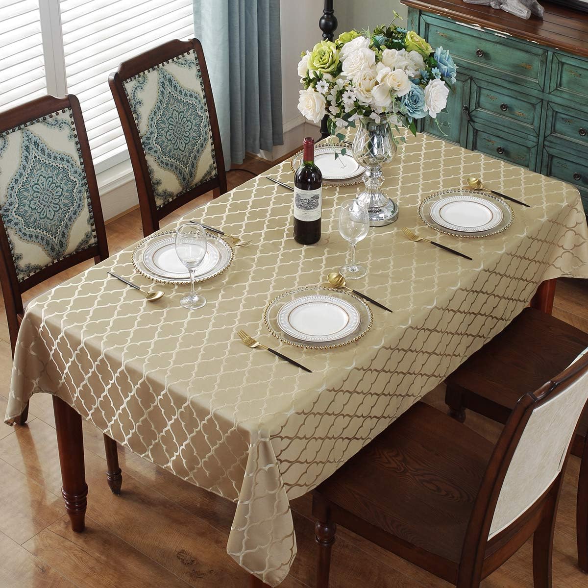SASTYBALE Jacquard Tablecloth Flower Pattern Polyester Table Cloth Spill Proof Wrinkle Resistant Soft Table Cover for Kitchen Dinning Tabletop Decoration (150 x 213cm - Image 3