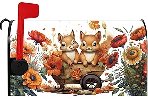 Baocicco Cute Squirrel Mailbox Covers Small Cart Animals Wildlife Rustic Orange Flowers Post Case Cover for Farmhouse Arts Garden Yard Outdoor Decor Standard Size Magnetic Mailbox Cover 21x18 Inches