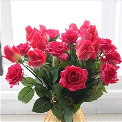 Kolylong Fleur Artificielle Bouquet Fleur De Rose Et Feuille Verte Décoration Pe Maison Mariage Accessoire 43 Cm 17 10pc Rouge