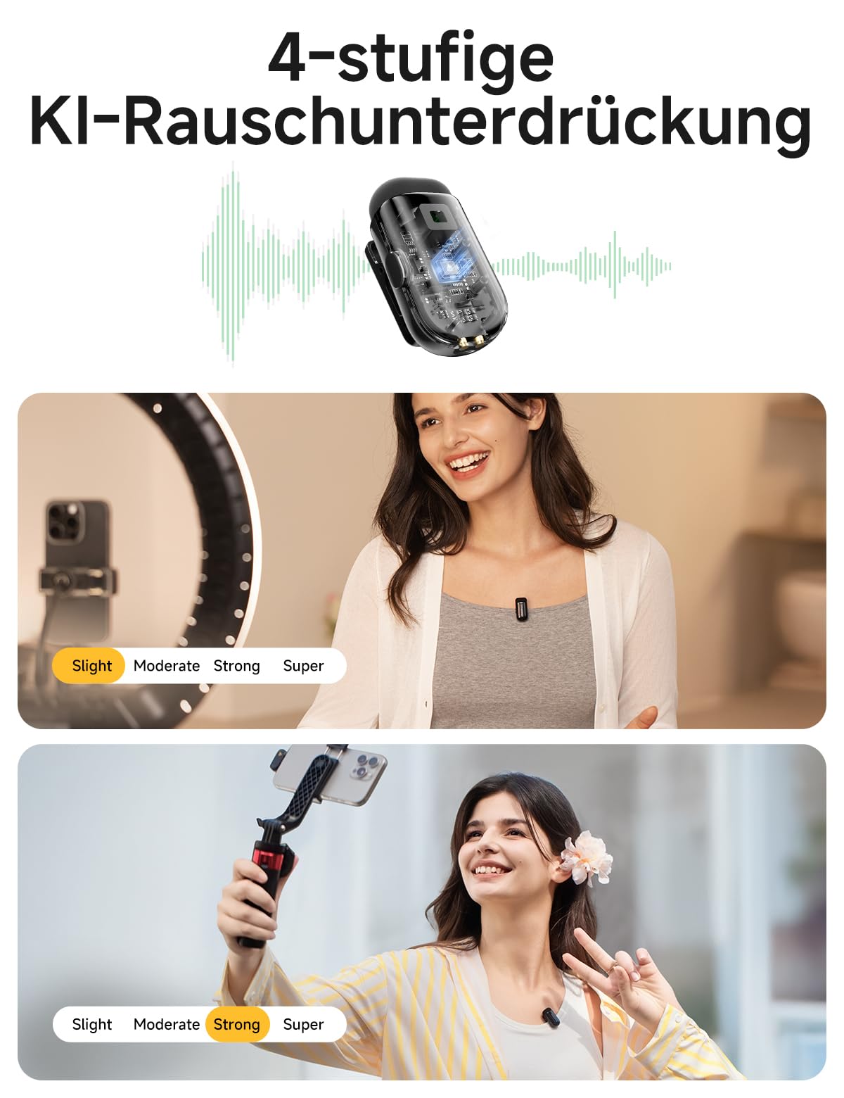 MAONO Kabelloses Handy Mikrofon - USB-C Wireless Mini Mikrofon für iPhone 17/16/15 Android, 4 Level Rauschunterdrückung, KI Stimmenwechsel, 30h Laufzeit, Mic für Vlog, YouTube, Aufnahmen, Wave T1 Mini 4