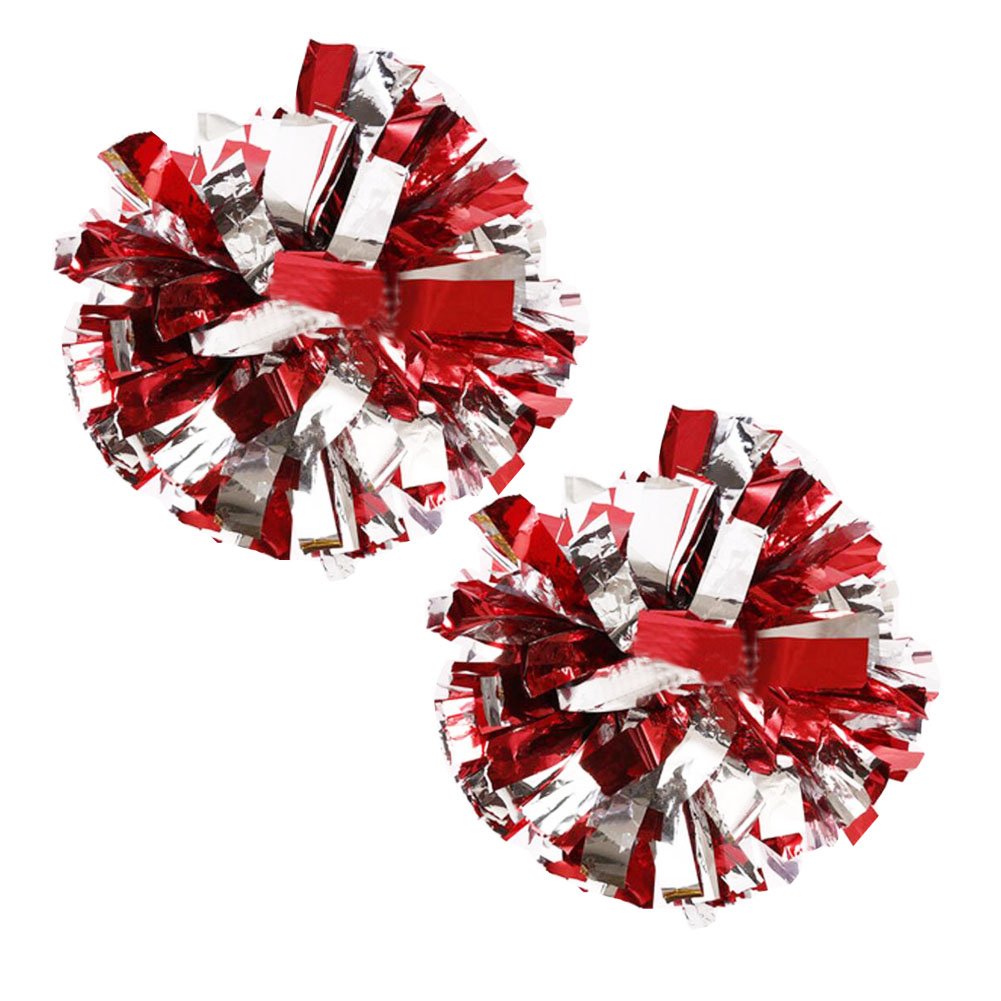 thefancypumpkin 1 Pair Team Sports Cheerleading Poms Match Pom Plastic Ring Pompoms Silver+Red