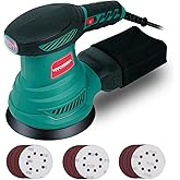 HYCHIKA 5-Inch Random Orbital Sander, 13000RPM Electric Palm Sander with 6 Variable Speeds, Powerful Motor, 12PCS Sandpapers and Efficient Dust Collection Bag, for Woodworking, Finishing and Polishing