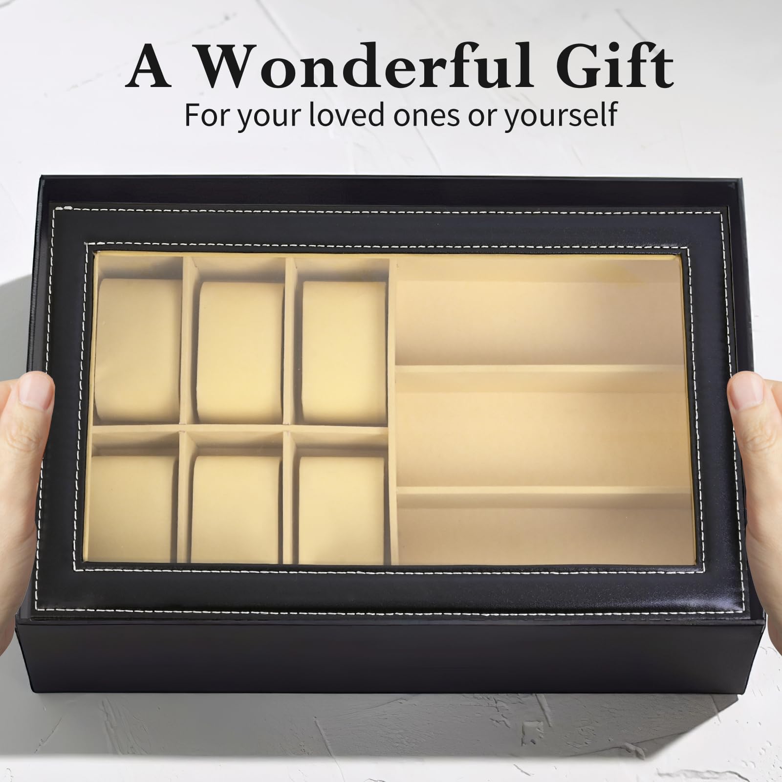 Vevitts 2 Layers 6 Slots Watch Boxes and 9 Pieces Eyeglasses Sunglasses Storage,Black Leather Watch Jewelry Eyeglasses Sunglasses Display Case Organizer for Women and Men