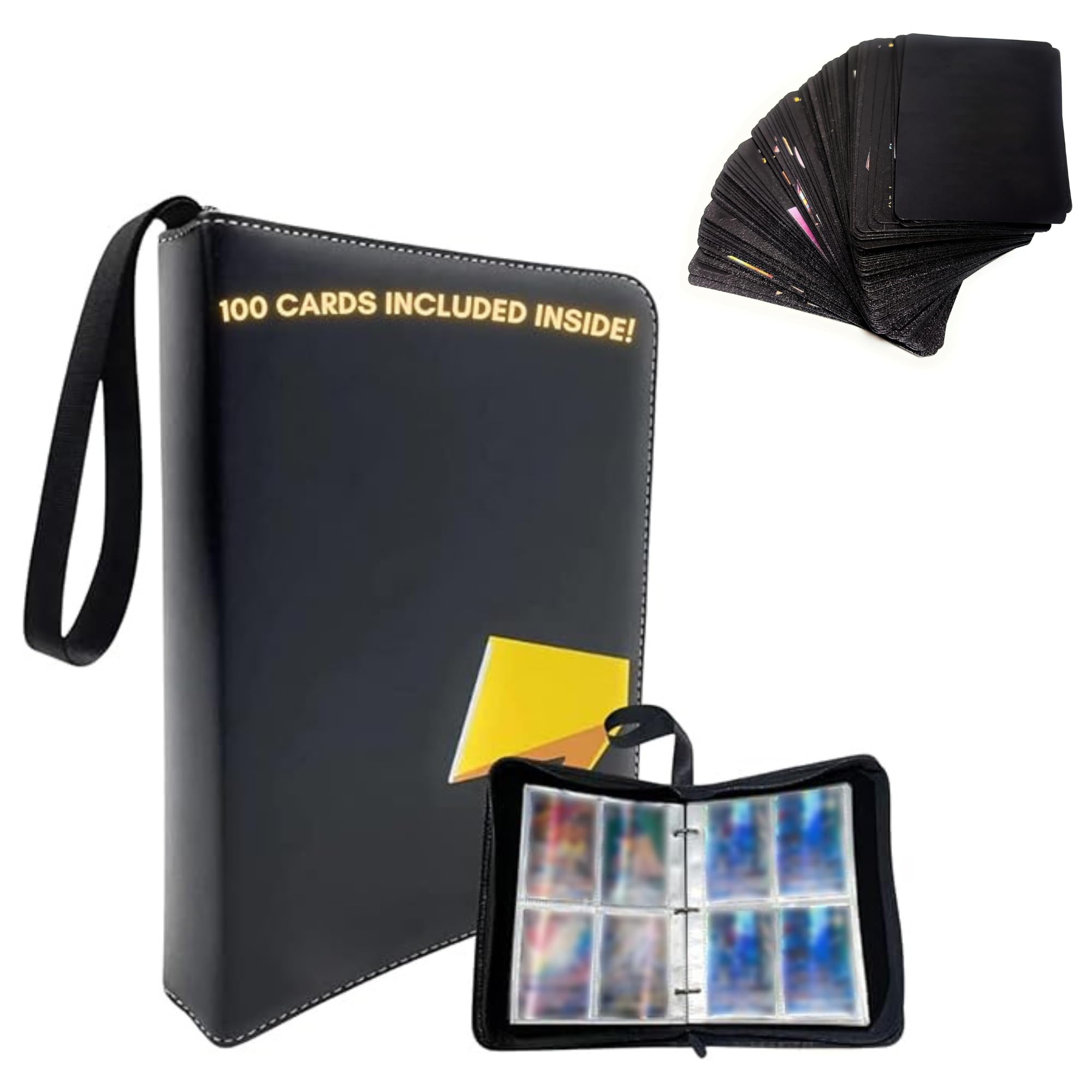 Album for 400 Cards with 100 Cards Included (55 Black PVC Cards and 5 Random Card Envelopes) Collectible Card Case made of Leatherette with Zipper Closure.
