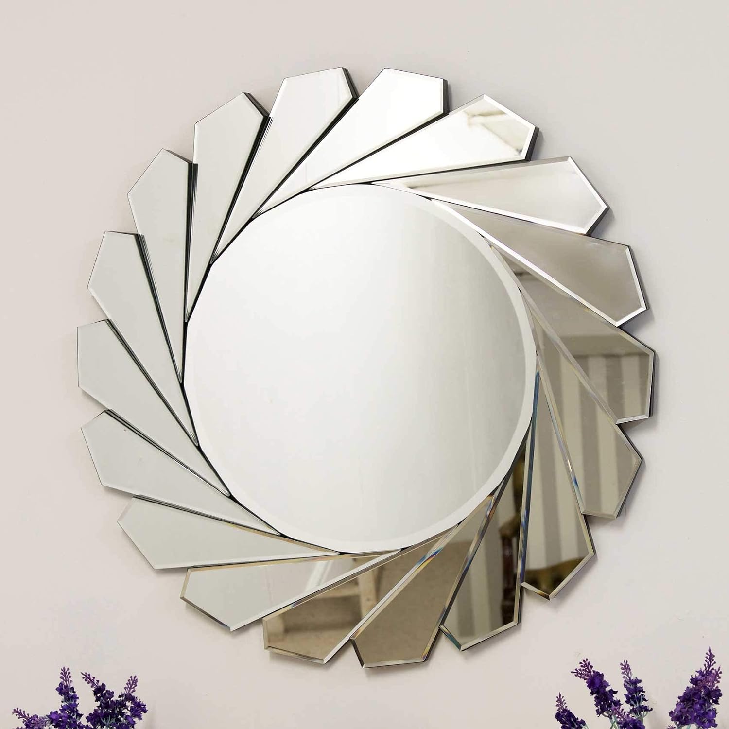 MirrorOutlet Large Modern Design Round Sophisticated Sunburst Venetain Wall Mirror 2Ft8 80cm, 80x80, Silver - Image 3