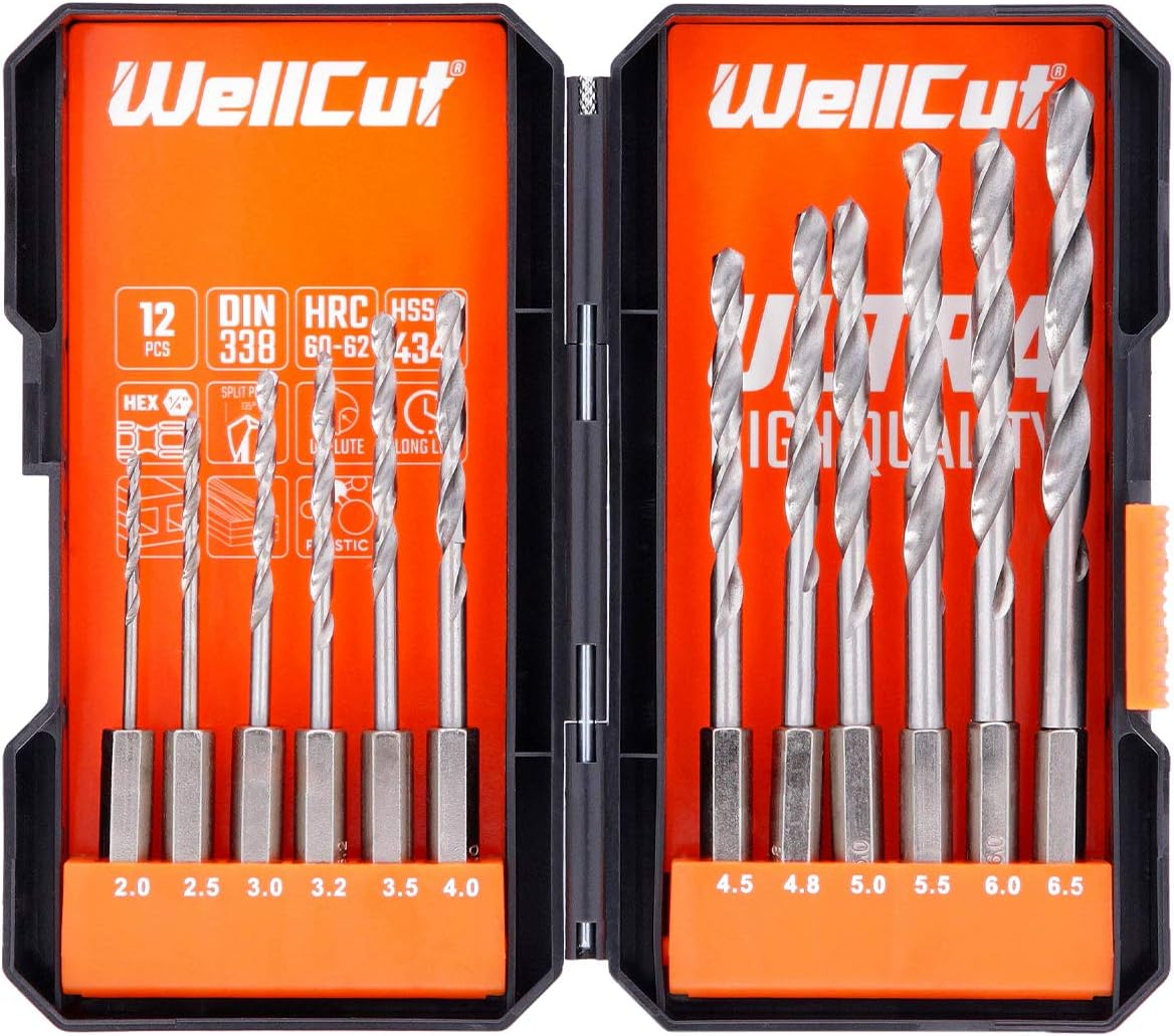 12 Piece Steel Drill Bit Set, hex Shank high Speed Steel Drill bits, 2-6.5mm High Speed Steel, Quick Change Drill bits, 1/4" Hex Shank