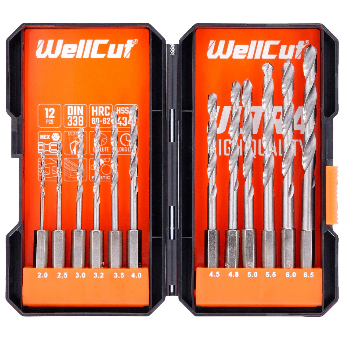 12 Piece Steel Drill Bit Set, hex Shank high Speed Steel Drill bits, 2-6.5mm High Speed Steel, Quick Change Drill bits, 1/4" Hex Shank