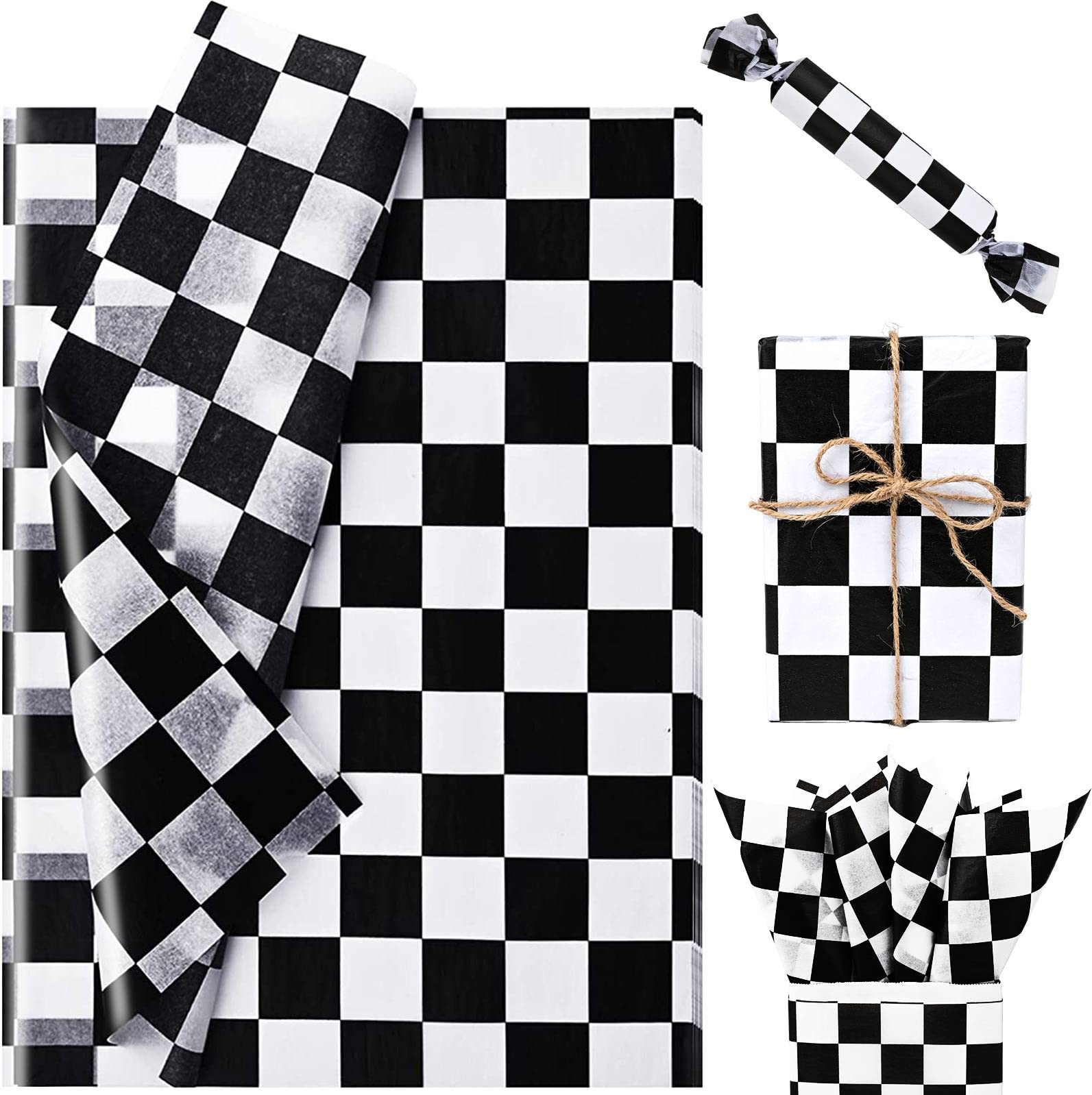 Photo 1 of 100 Sheets 20 * 14 Inches Checkered Tissue Paper for Race Car Party Gift Wrapping, Black and White Plaid Art Paper for Racing Car Party Gift Bags for Birthday Baby Shower DIY Craft