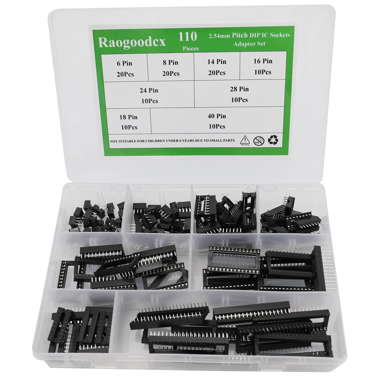 Raogoodcx 110pcs 2.54mm Pitch DIP IC Sockets Type Adaptor Set 6,8,14,16,18,24,28,40 Pin