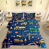 jejeloiu Trucks Excavator Cars Comforter Set Twin Size Construction Vehicles Bedding Set for Kids Boys Girls Cartoon Equipment Trucks Duvet Quilt Blue Yellow Bedroom 2 Pcs with 1 Pillow Cases