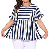 Agnes Orinda Plus Size Babydoll Tops for Women Ruffle Short Sleeve Peplum Top Loose Fit Stripe Shirt Summer Blouse 2025