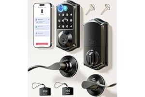 Veise VE017-L Fingerprint Smart Lock with 2 Lever Handles, Keyless Entry Front Door Lock Set, App Control, Electronic Digital Keypad Deadbolt, Easy Installation, Emergency Power Port, Matte Black