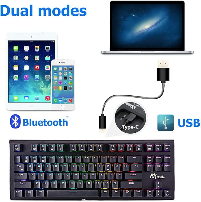 Amazon Com Rgb Mechanical Keyboard 87 Key Rgb Led Backlit Wireless Bluetooth 3 0 Usb Wired Multi Media Mechanical Gaming Keyboard For Pc Smartphone Laptop Rechargeable Battery Black Blue Switch Computers Accessories