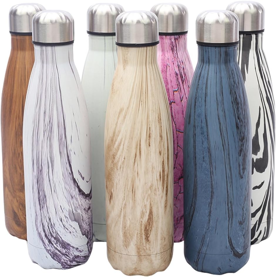 IRONLAND Vacuum Flask Bottle Sports Water Bottle Marble lines Keep Cold and Hot BPA Free, 500ml (Wood grain-brown)
