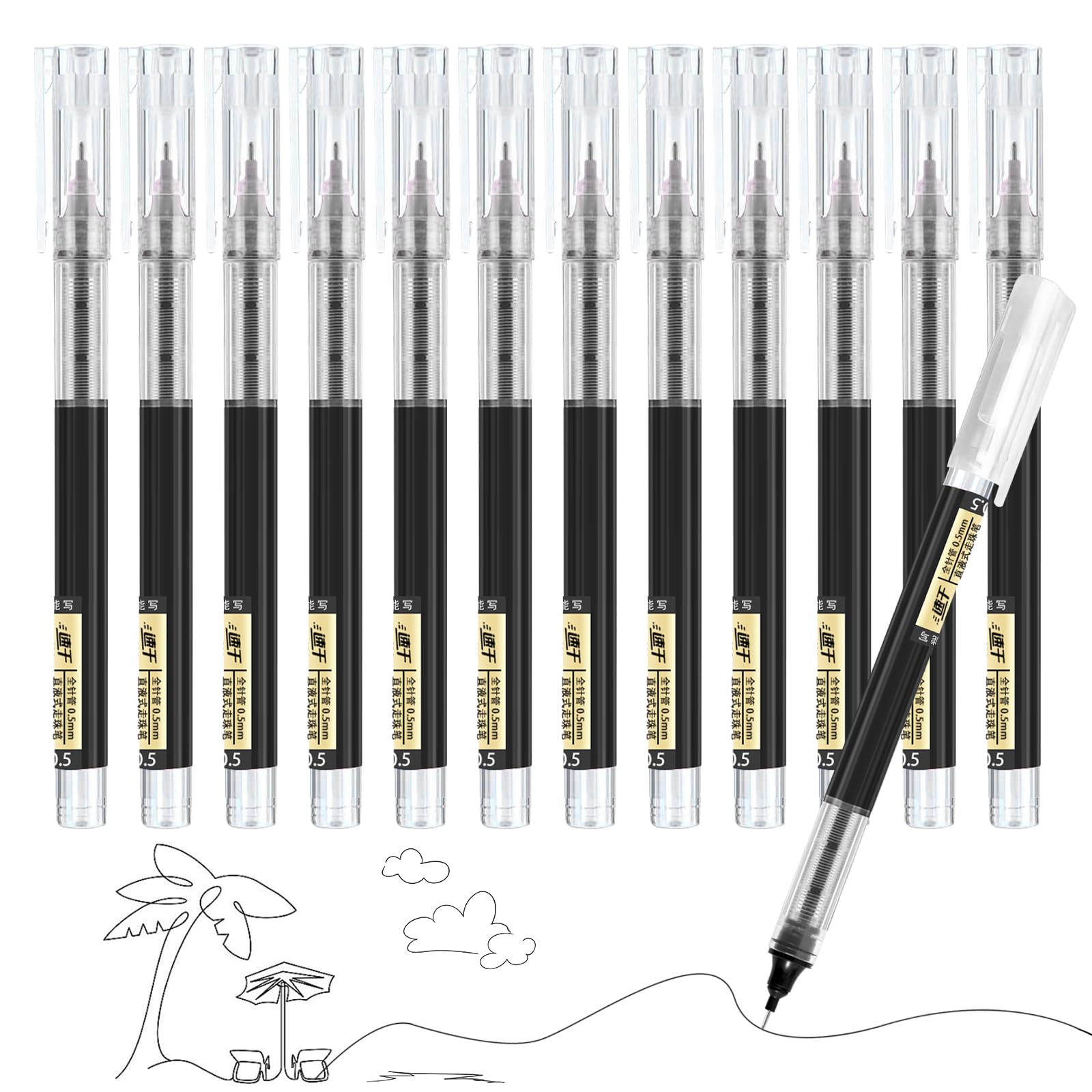 VducK Gel Pens, 12 Pcs Black Ink, 0.5mm Quick-Drying Liquid Ink Rollerball for Journaling, Writing, Office School Stationary Supplies