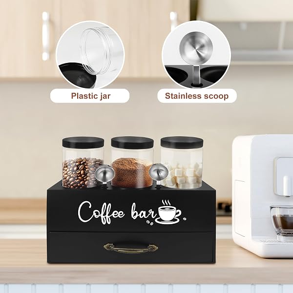 MACIFECI 54 OZ COFFEE CANISTER SET WITH SHELF, COFFEE AND SUGAR CONTAINER SET OF 3 CANISTERS SETS FOR KITCHEN COUNTER, PLASTIC COFFEE BEAN STORAGE CONTAINER WITH SCOOP (BLACK – DRAWER)