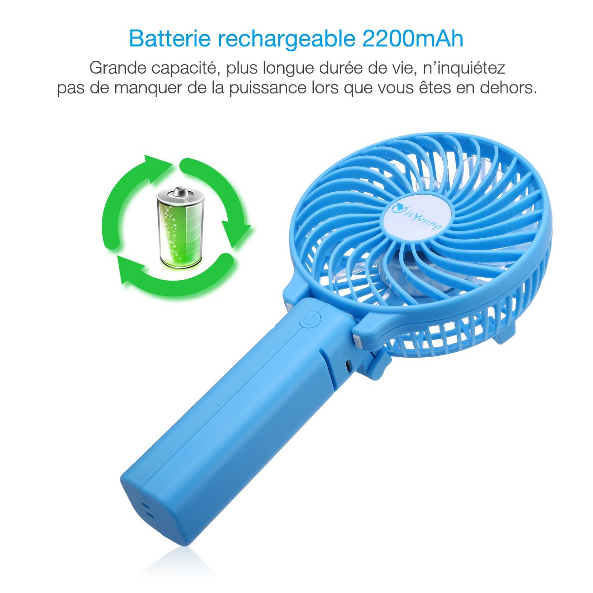 isYoung Pliable Ventilateur Portatif Mini USB Rechargeable avec 18650 Li-Ion Batterie 2200mah pour Camping , Bureau , Sport, Voyage en Été - Bleu
