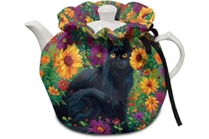 Xoenoiee Black Cat Colorful Floral Print Tea Cozy Cotton Tea Cosy for Teapots Keep Warm Teapot Cover Insulated Kettle Cover for Home Kitchen Table Decor