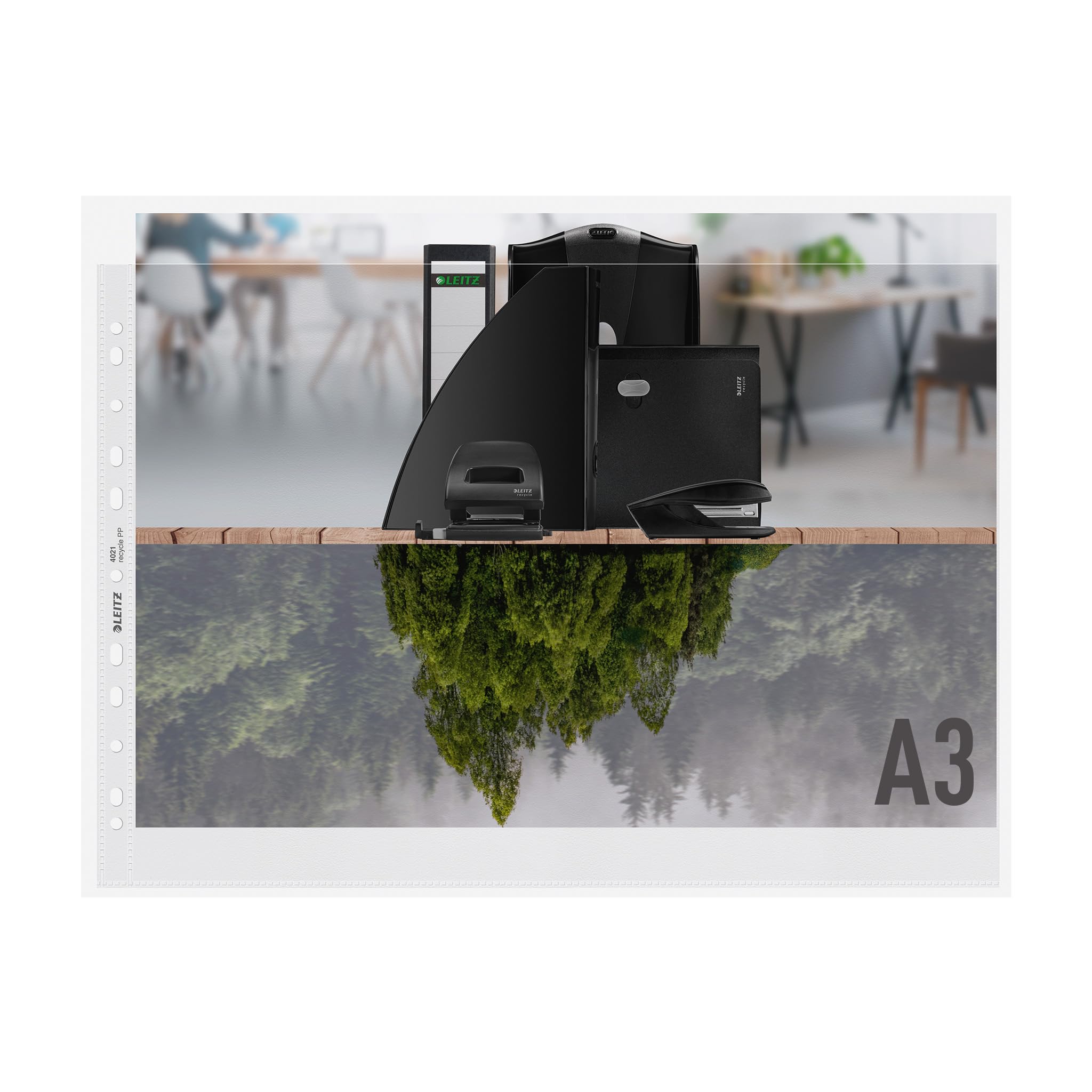 Leitz A3 Pockets, Pack of 25, Punched Plastic Wallets, Embossed Mat Surface, 100 Micron Thick, 100% Recyclable, Eco Friendly, Recycle Range, 40190003, Clear