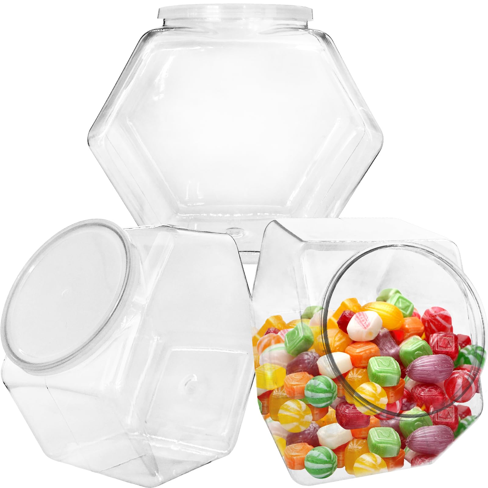 Photo 1 of Woozettn 3 Pcs Plastic Candy Jars,Clear Cookie Jars 71 Oz for Kitchen Counter,Hexagon Cookie Jars with Lids,Plastic Dry Food Jar for Candy Buffet