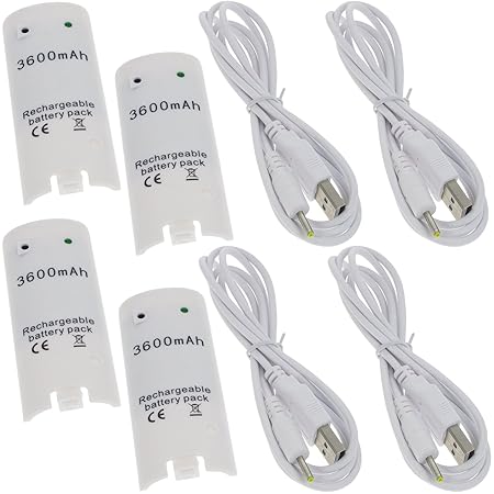 4X MTEC Akku Batterie 3600mAh für Nintendo Wii Remote Controller Gamepad Joypad mit USB Ladekabel in weiß