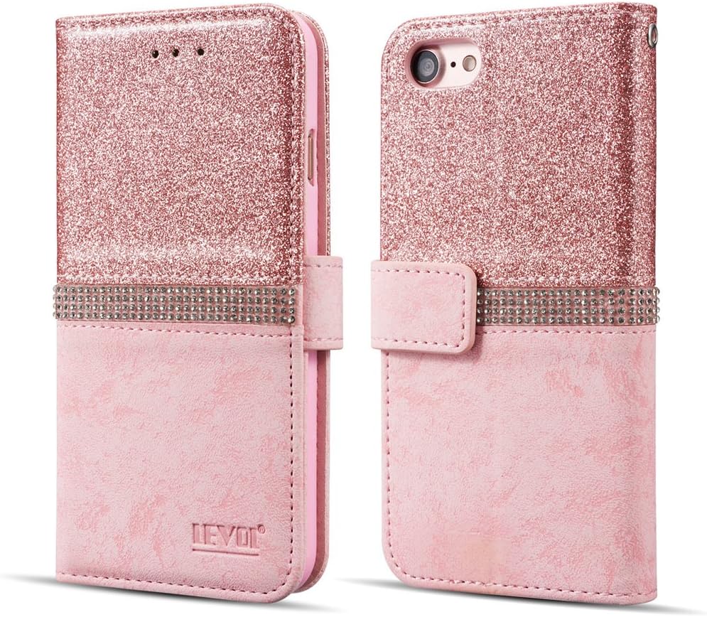 LEVOL Glitter Case for iPhone 5 5S SE,Bling Glitter Diamond Folio Leather Wallet Case with [Kickstand] [Card Slots] [Magnetic Closure] Flip Case for iPhone 5/5S/SE [Rose Gold]