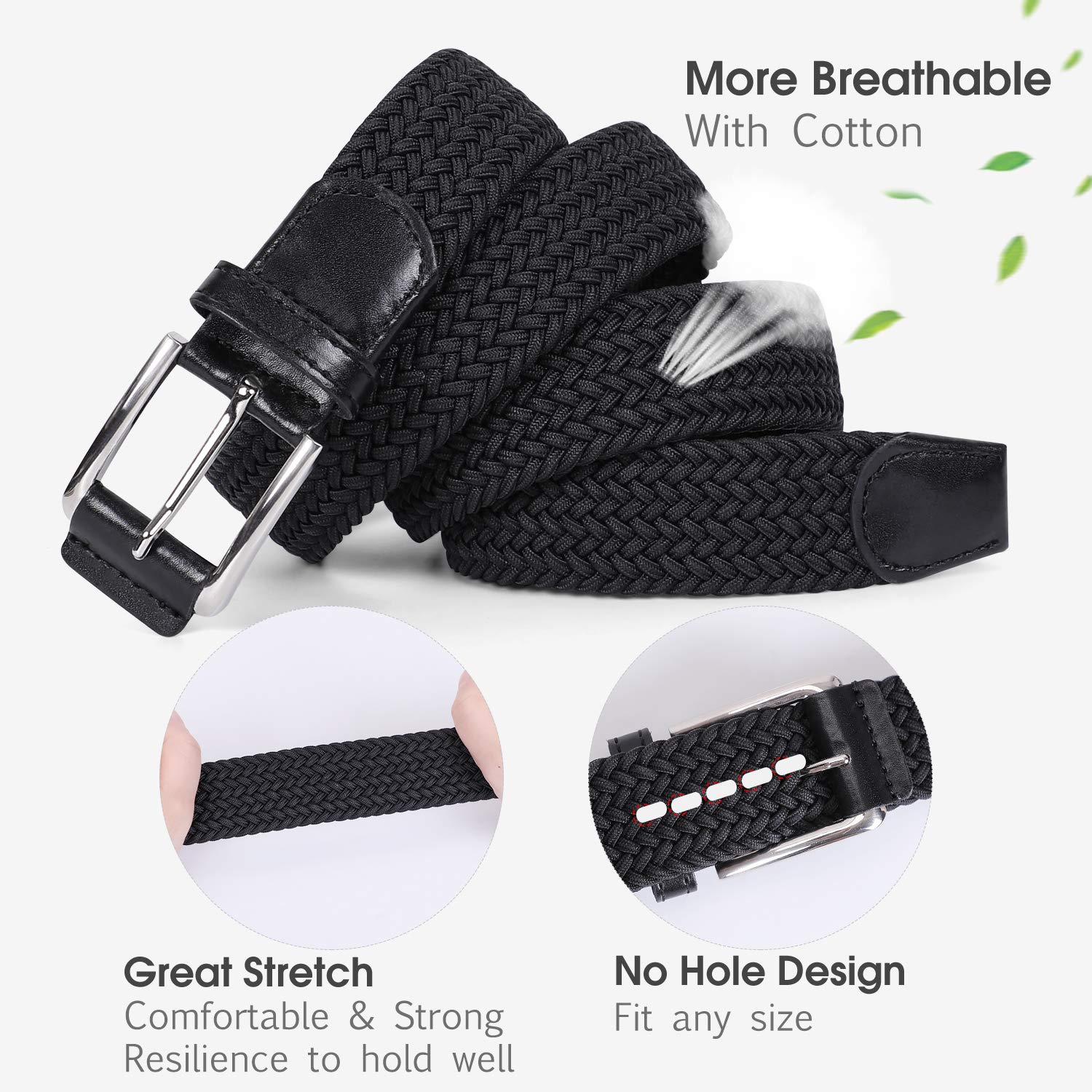 JASGOOD Braided Stretch Belt Mens,Woven Elastic Belt,Golf Belt for Cargo Shorts Jeans Women Junior(Suit for pant size 35-41 Inch,12-Black)