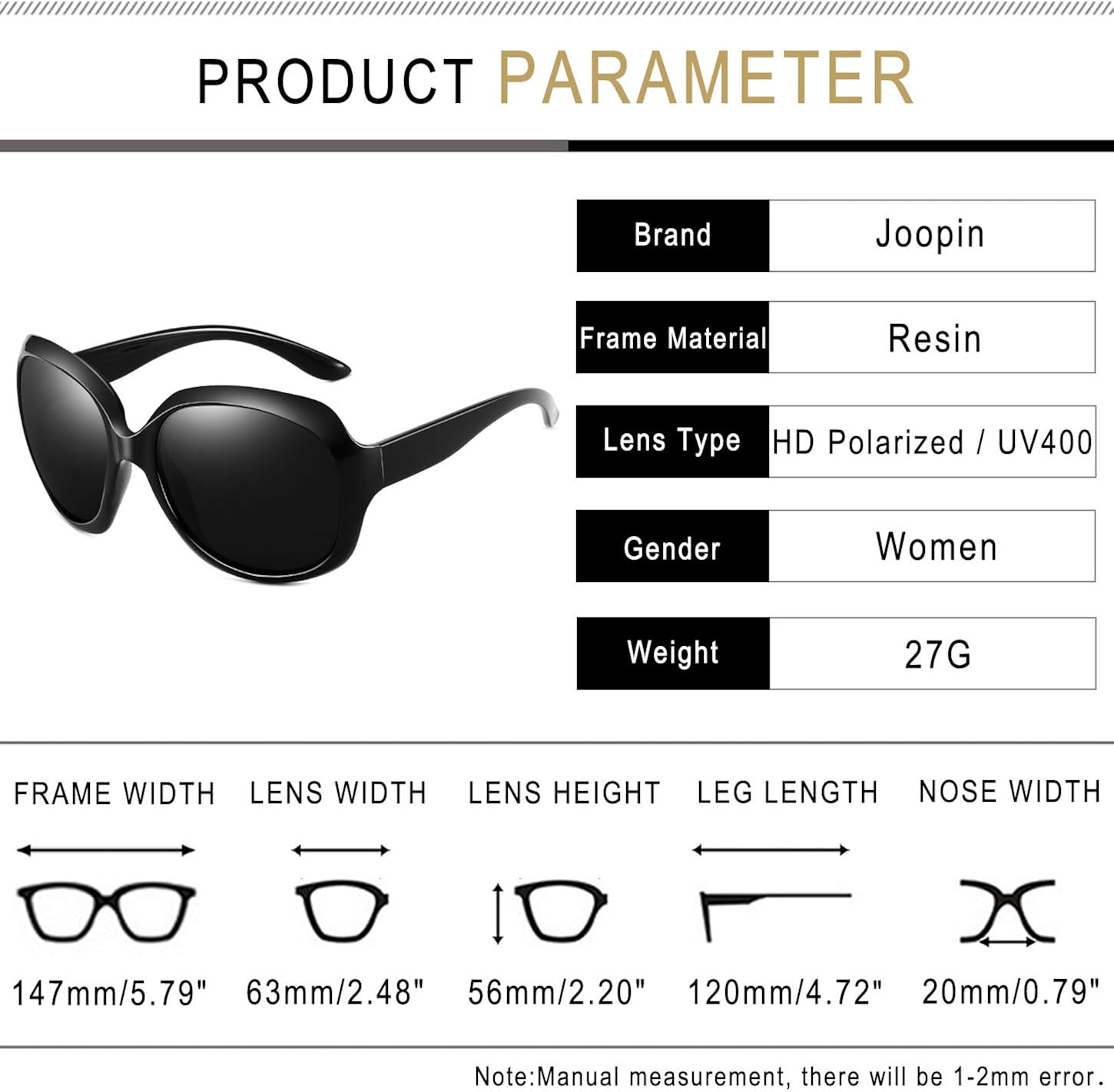 Joopin Oversized Fashion Sunglasses for Women, UV400 Big Frame Womens Sunglasses Polarized Ladies Sunglasses H9045 (Fashion Black): Clothing