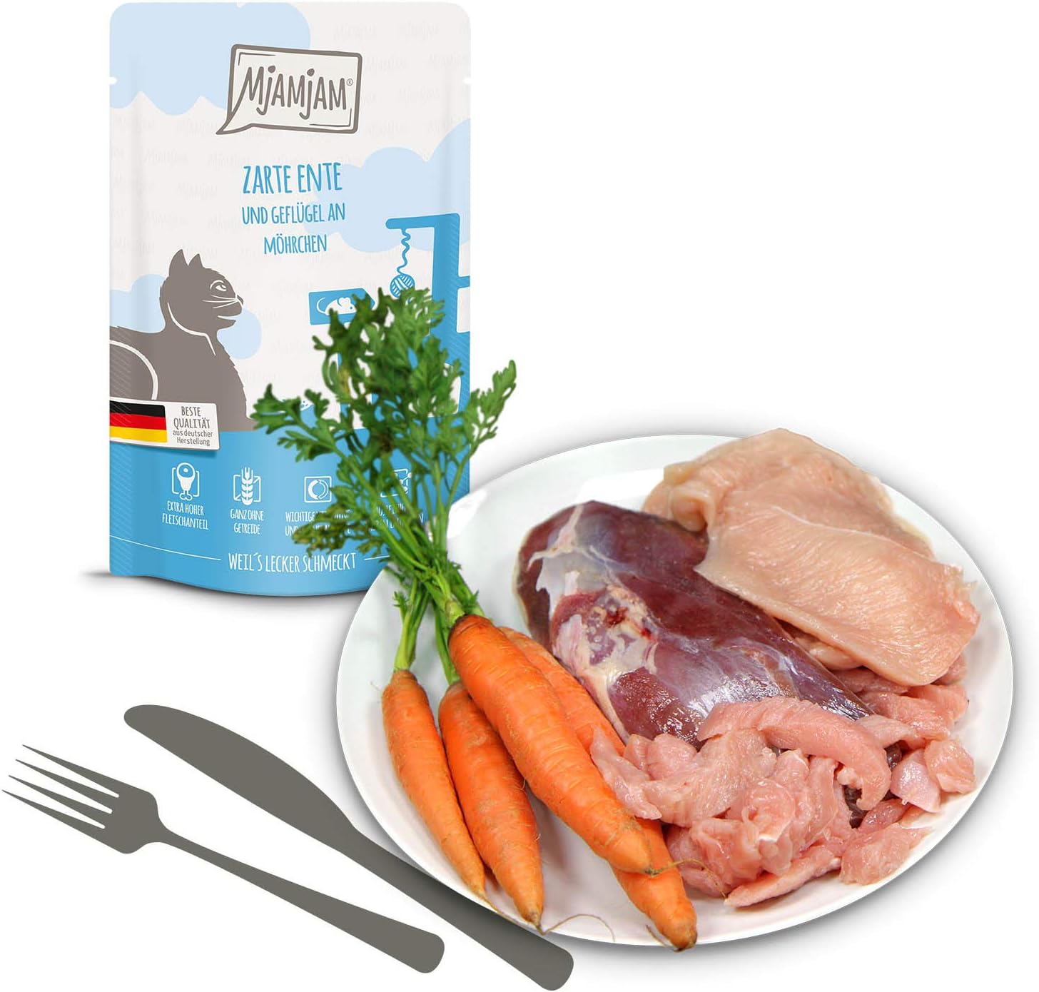 MjAMjAM, premium wet food for cats, Quetschie, tender duck & poultry with delicious carrots, pack of 12 (12 x 125 g) - Image 4