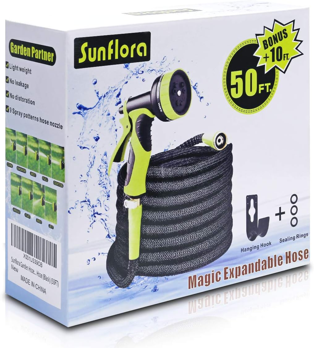Sunflora 50 ft Expandable Garden Hose Bonus 10 feet with Solid Brass Fittings and 9 Patterns Spray Nozzle, Flexible No Kink Water Hoses for Lawn Total 60 Feet : Garden & Outdoor