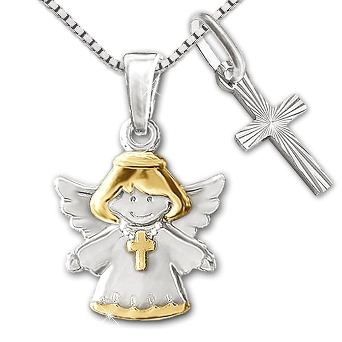 CLEVER SCHMUCK Set 2 Silberne Kinder Anhänger Schutzengel 13 mm Kreuz tragend Bicolor teilvergoldet & EIN kleines Kreuz diama