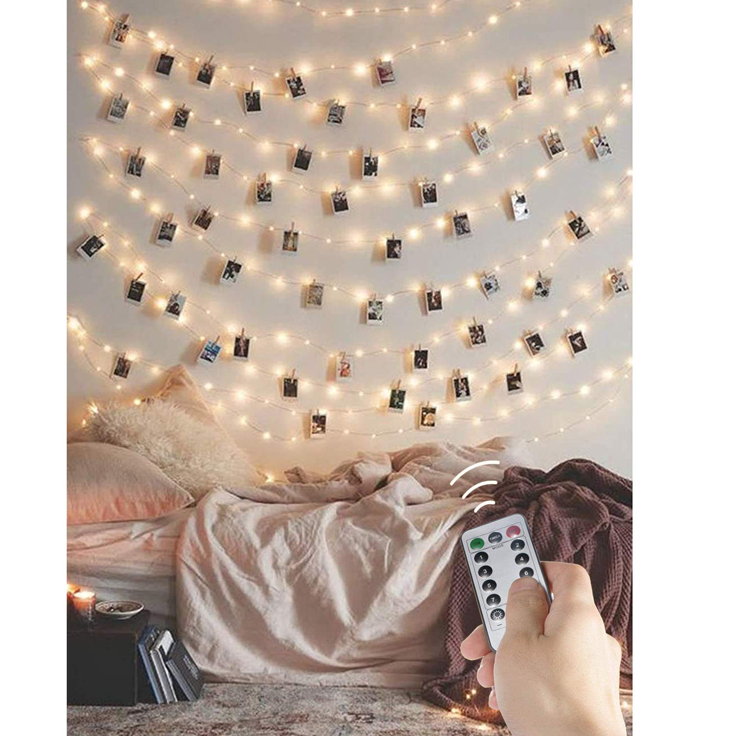 Holahoney Photo Clip Fairy String Light, Battery/USB Operated With Remote Control Light for Pictures Bedroom Wall Patio Halloween Thanksgiving Christmas Party Wedding Valentine Décor (50 LED/CLIPS)