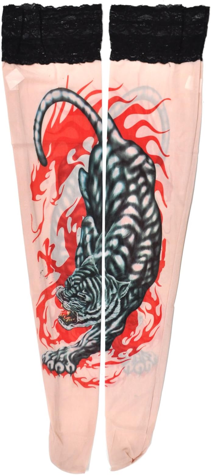 Women's Fake Tattoo Hold Ups Stockings - Siberian Tiger Design (TS34)